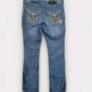 Harley Davidson Bootcut Jeans 6x32 Embroidery Rhinestone Flap Pocket MINOR FLAW